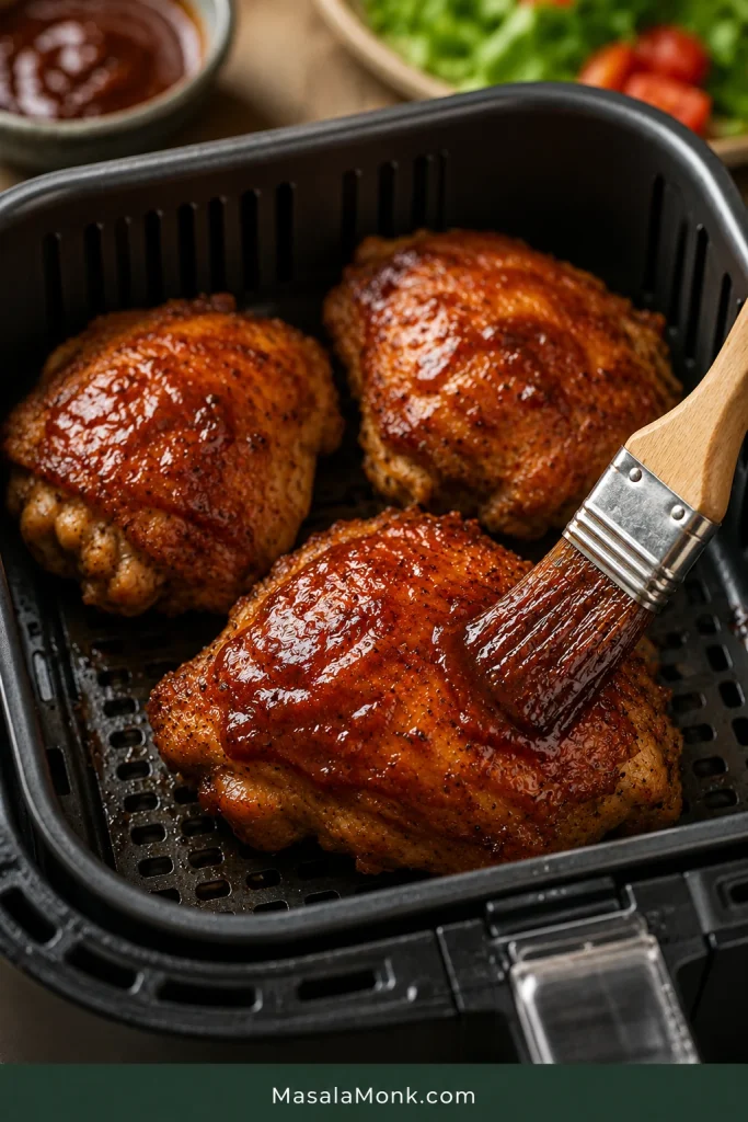 BBQ sauce brushed onto cooked chicken thighs inside an air fryer basket.