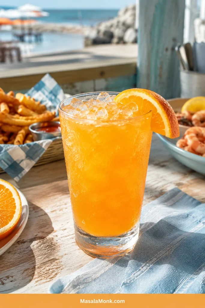 Orange Crush cocktail on a rustic coastal table with crushed ice, orange garnish, fries, seafood snacks, blue napkin, and a beach-bar background.