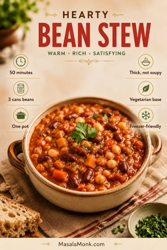 A guide-style image for hearty bean stew showing a bowl of stew with callouts for 50 minutes, 3 cans beans, one pot, thick not soupy, vegetarian base, and freezer-friendly.