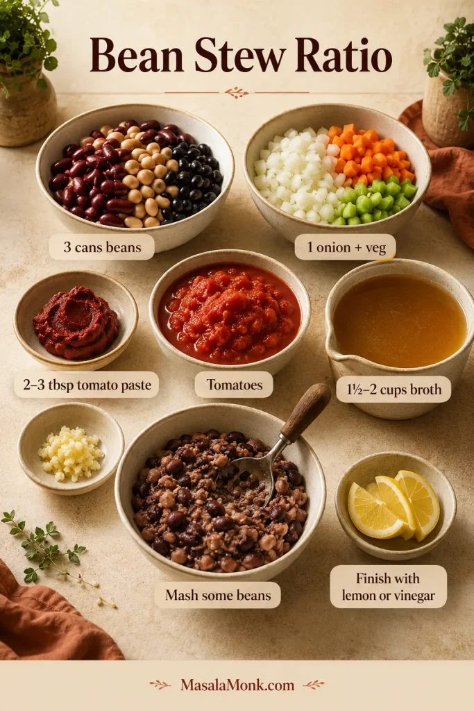 A bean stew ratio guide with bowls of beans, chopped vegetables, tomato paste, tomatoes, broth, mashed beans, and lemon wedges, each labeled with the recipe ratio.