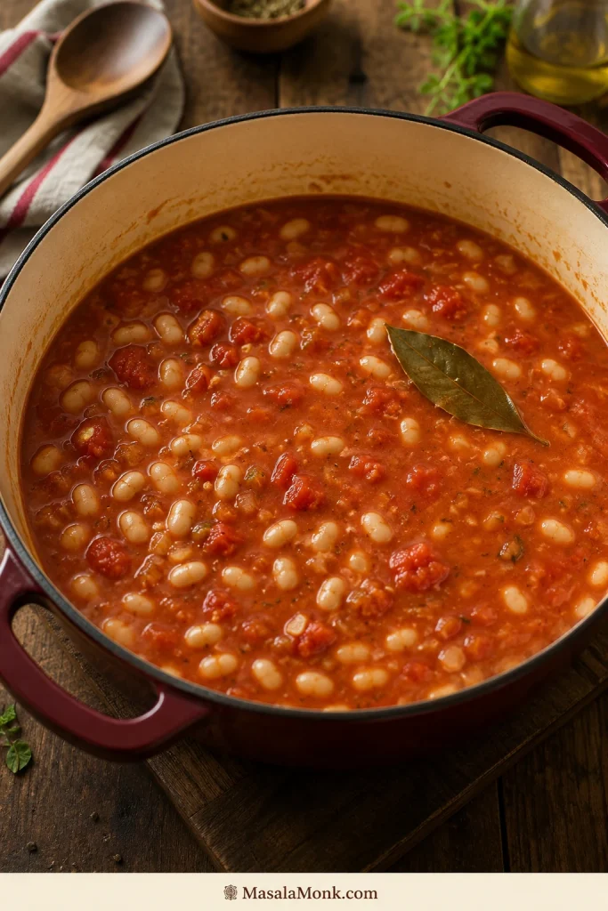 Beans, crushed tomatoes, broth, and a bay leaf combined in a Dutch oven at the early simmer stage of bean stew.
