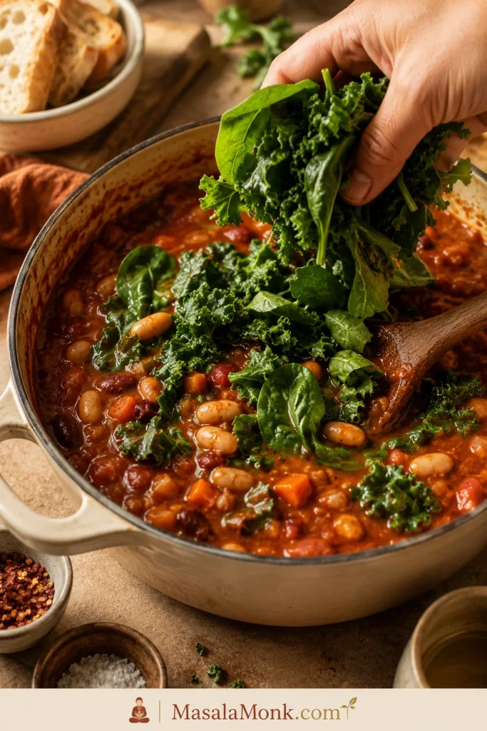 A hand adding fresh spinach and kale to a pot of thick tomato bean stew while a wooden spoon rests in the pot.