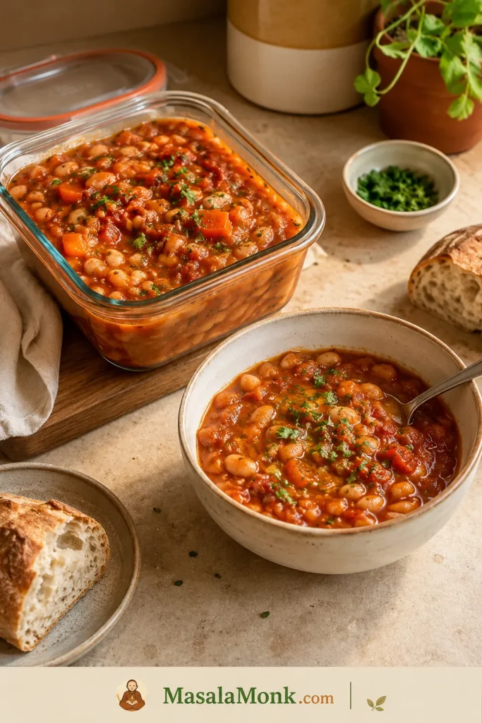 A glass storage container filled with leftover tomato bean stew beside a reheated bowl of the same stew, with bread, herbs, and a spoon on a kitchen counter.