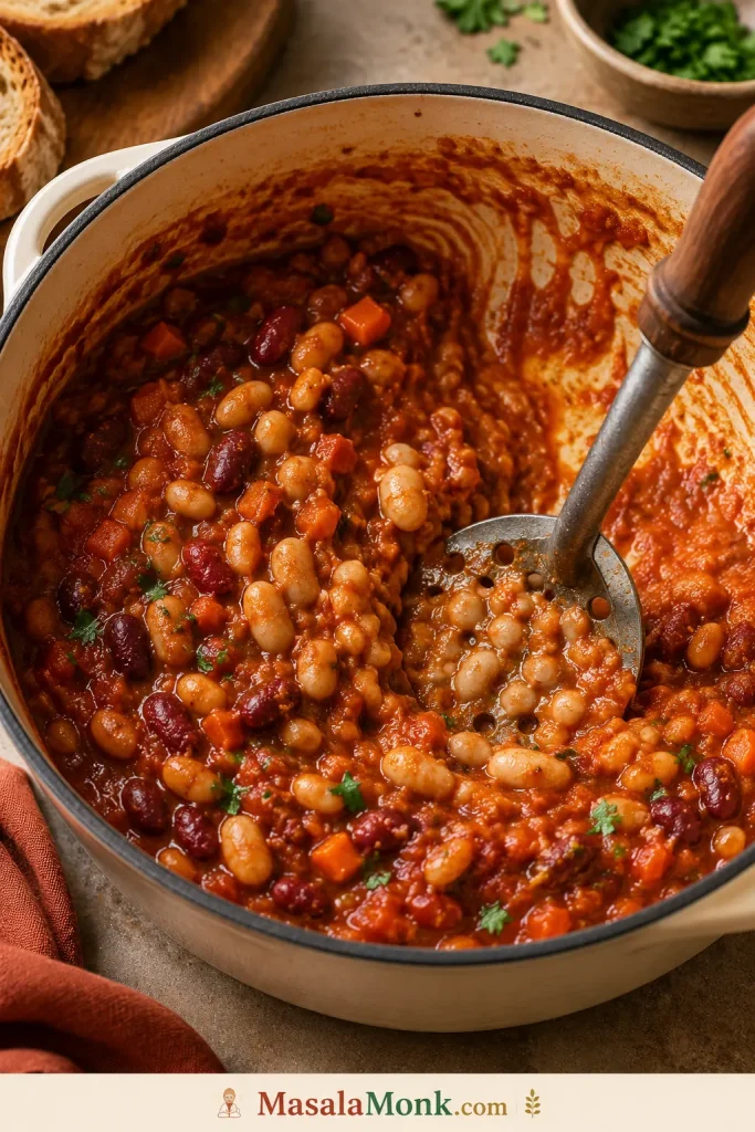 A potato masher pressing some beans into thick tomato bean stew inside a Dutch oven, with many whole beans still visible.