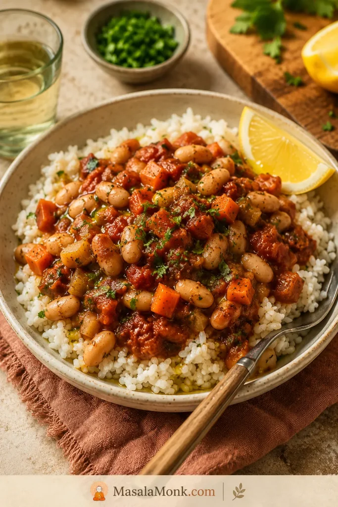A bowl of white rice topped with tomato bean stew, carrots, herbs, and a lemon wedge, with a spoon resting in the bowl.