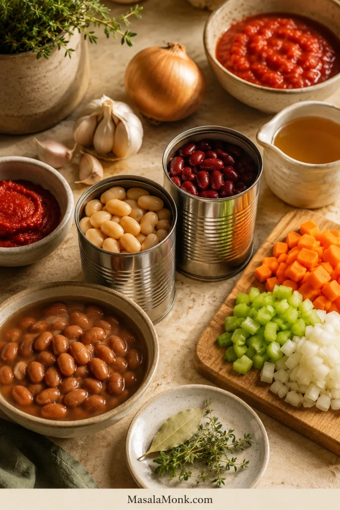 Ingredients for bean stew arranged on a kitchen counter, including beans, onion, carrot, celery, garlic, tomato paste, crushed tomatoes, broth, herbs, and bay leaf.
