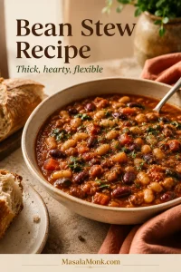 A bowl of thick tomato-based bean stew with mixed beans, carrots, greens, herbs, a spoon, and crusty bread beside it. The image includes the text “Bean Stew Recipe” and “Thick, hearty, flexible.”