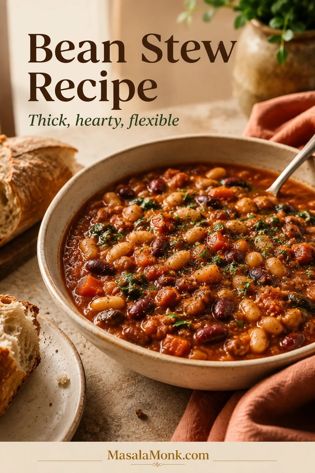 A bowl of thick tomato-based bean stew with mixed beans, carrots, greens, herbs, a spoon, and crusty bread beside it. The image includes the text “Bean Stew Recipe” and “Thick, hearty, flexible.”