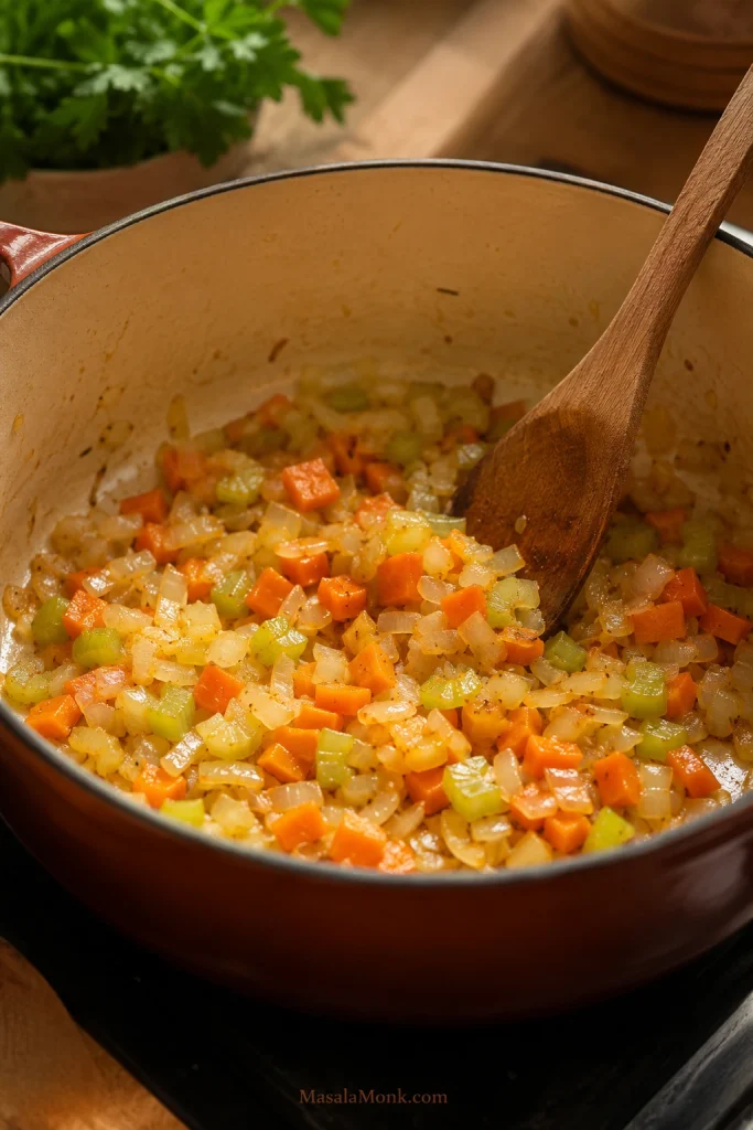 Onion, carrot, and celery softening in olive oil inside an enameled Dutch oven with a wooden spoon.