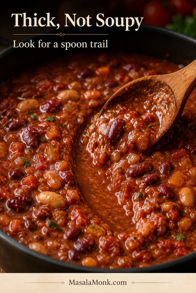 Close-up of thick tomato bean stew with a wooden spoon creating a visible trail through the sauce. The image includes the text “Thick, Not Soupy” and “Look for a spoon trail.”