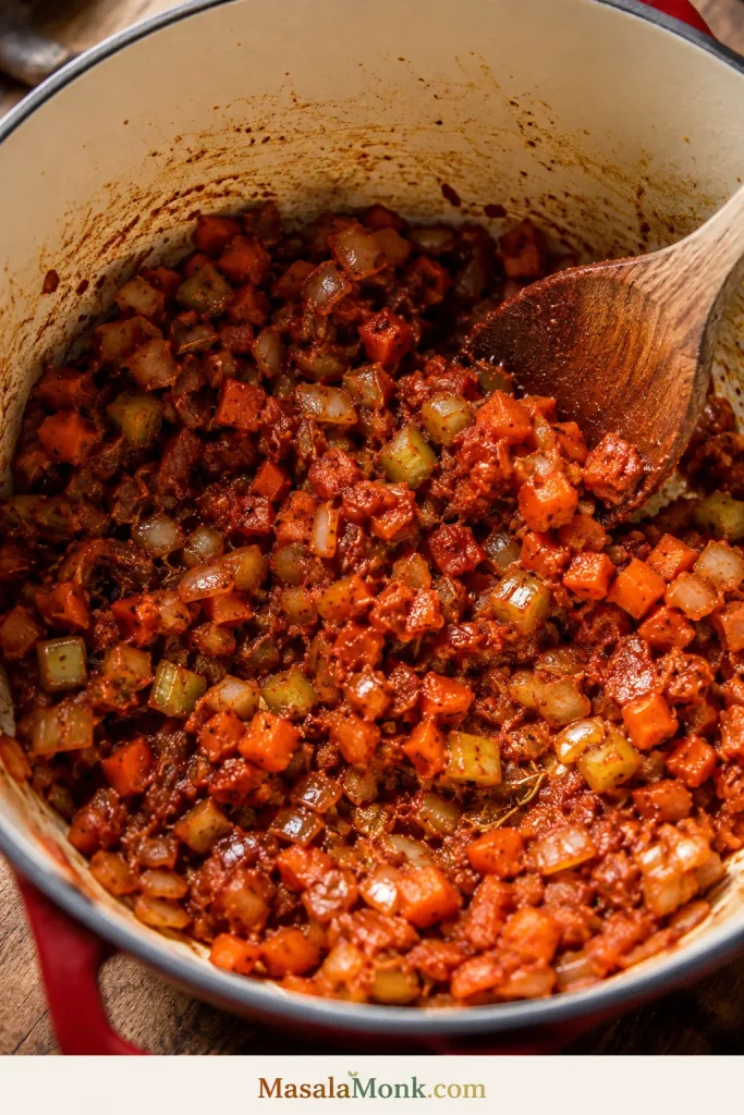 Softened onion, carrot, and celery coated with cooked tomato paste, garlic, herbs, and spices inside a Dutch oven, with a wooden spoon in the pot.