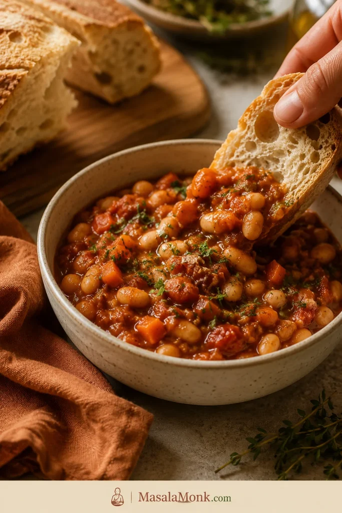 A hand dipping a piece of crusty bread into a bowl of thick tomato bean stew with white beans, carrots, herbs, and a warm linen beside it.