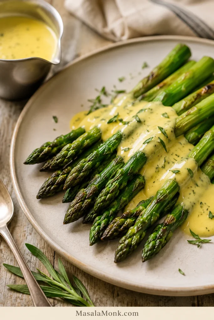 Roasted asparagus spears topped with pale yellow béarnaise sauce and chopped tarragon on an off-white plate.