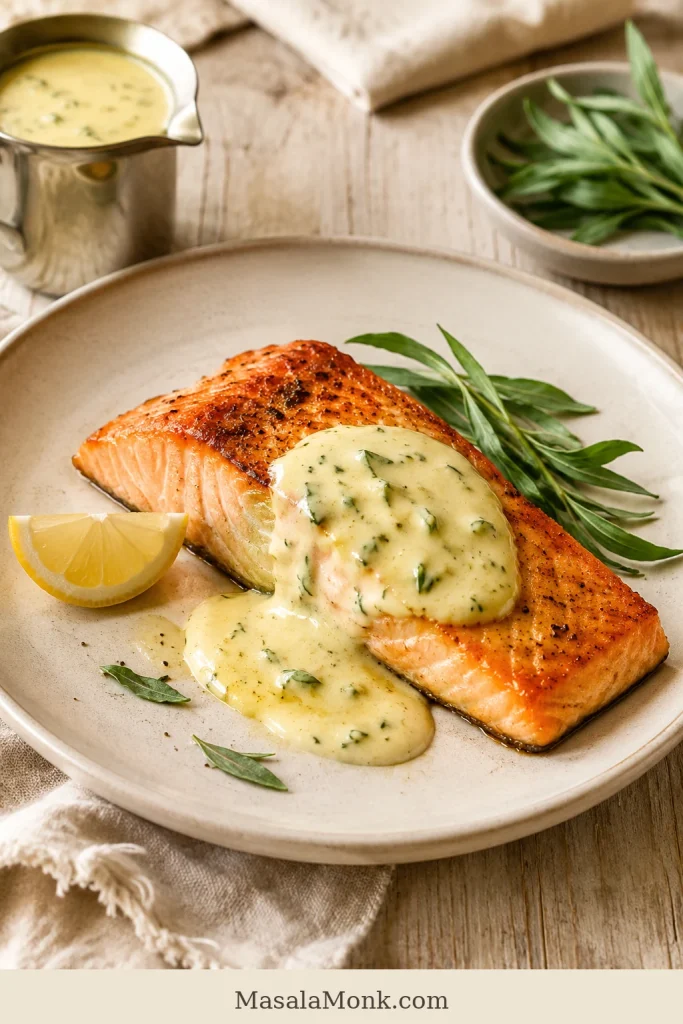 Seared salmon fillet served with béarnaise sauce, fresh tarragon leaves, and a lemon wedge on a plate.