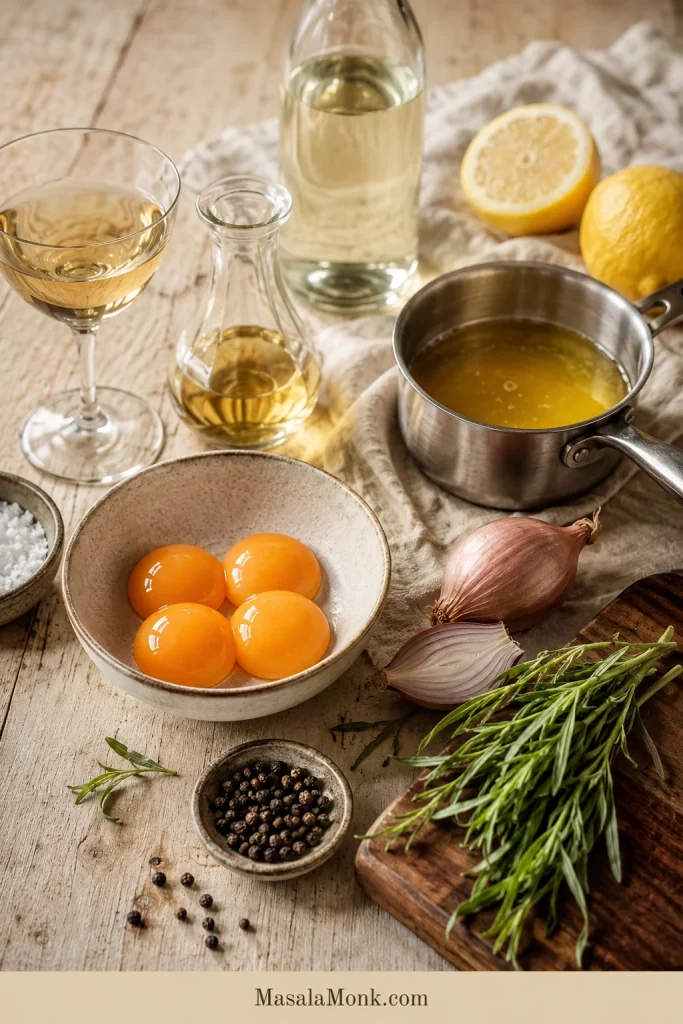 Ingredients for béarnaise sauce arranged on a table, including egg yolks, clarified butter, tarragon, shallot, wine, vinegar, lemon, salt, and peppercorns.