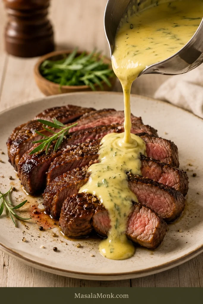 Béarnaise sauce being poured from a small jug over sliced steak with a browned crust and pink center.