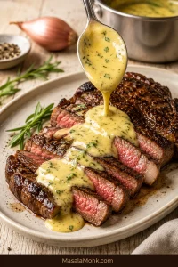 Sliced steak on a plate with pale yellow béarnaise sauce spooned over the meat, visible tarragon flecks, and steak juices.