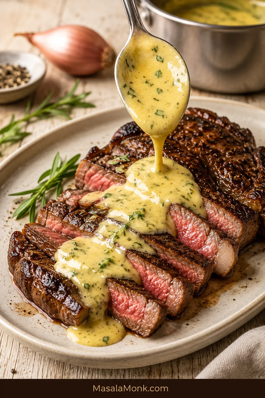 Sliced steak on a plate with pale yellow béarnaise sauce spooned over the meat, visible tarragon flecks, and steak juices.