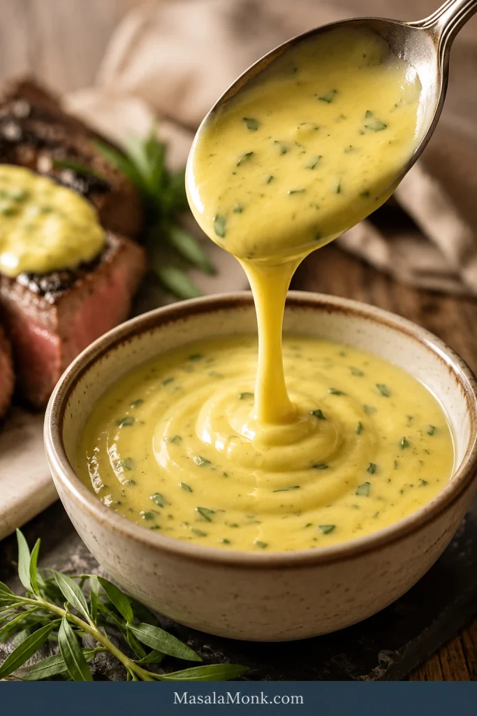 Thick béarnaise sauce falling from a spoon into a bowl in a slow ribbon.