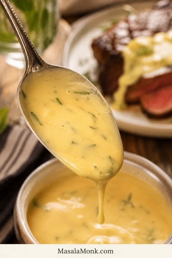 Béarnaise sauce coating the back of a spoon with a slow drip forming at the edge.