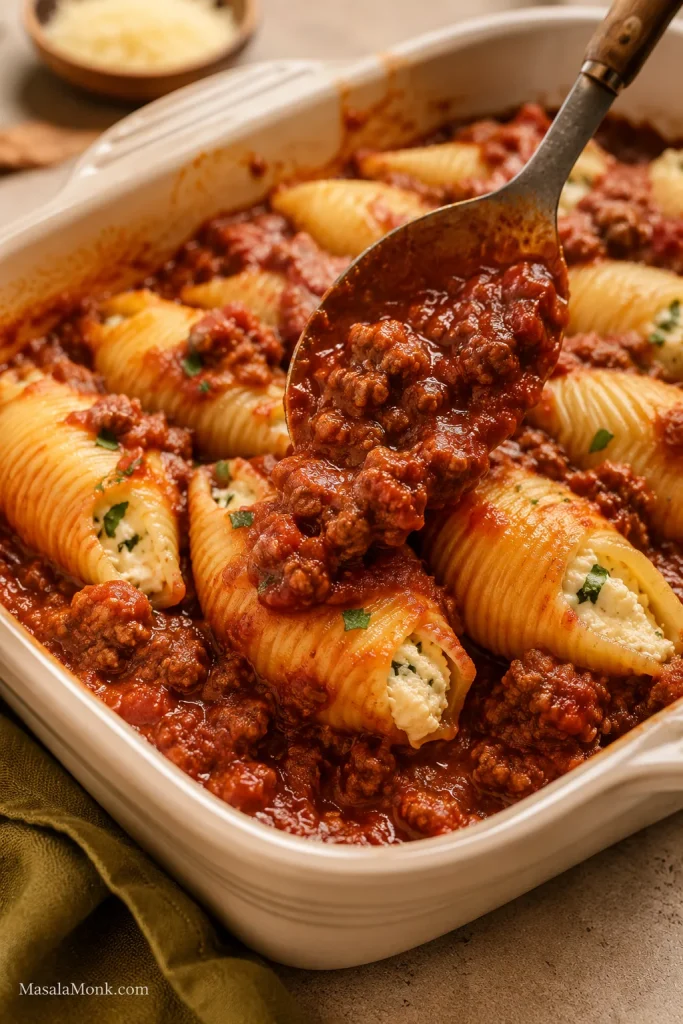Ricotta stuffed shells with chunky beef or sausage marinara sauce spooned around them.