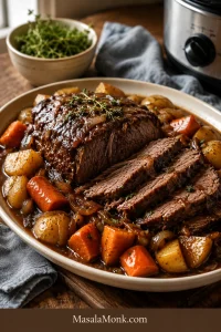 Sliced beef shoulder roast served with brown gravy, carrots, potatoes, onions, herbs, and a slow cooker in the background.