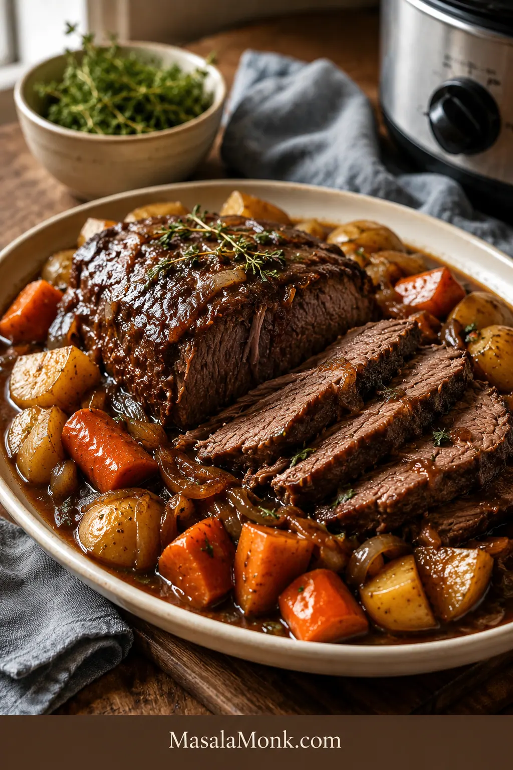 Sliced beef shoulder roast served with brown gravy, carrots, potatoes, onions, herbs, and a slow cooker in the background.