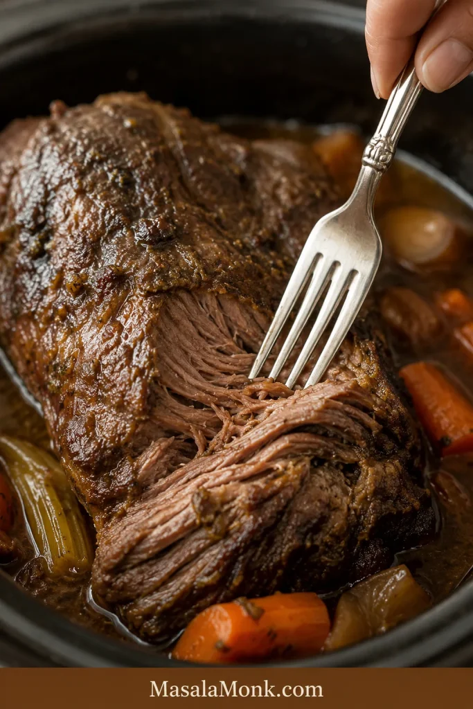 Fork pulling into a tender cooked beef shoulder roast inside a slow cooker with carrots and cooking juices.