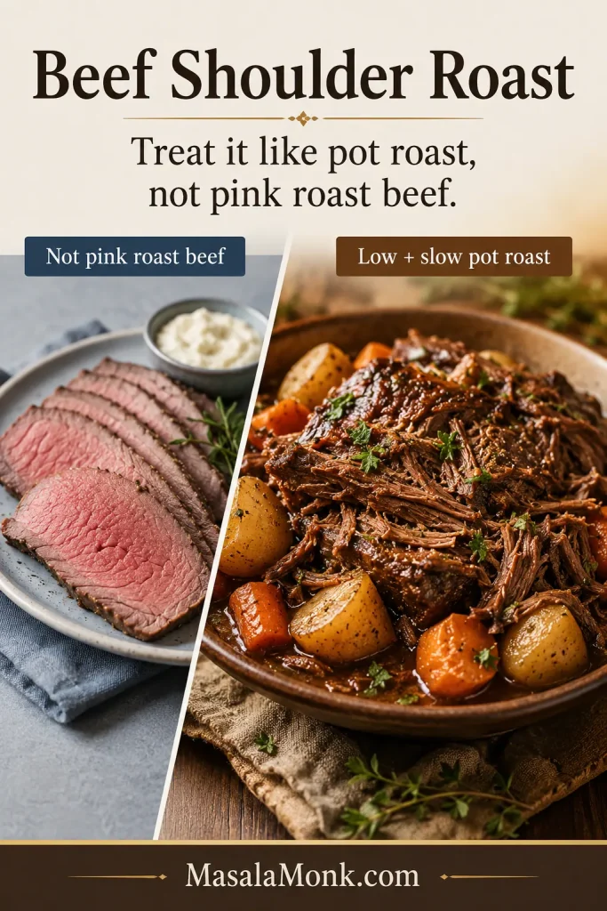 Comparison guide showing pink roast beef on one side and slow-cooked pot roast-style beef on the other, with text explaining to treat beef shoulder roast like pot roast.