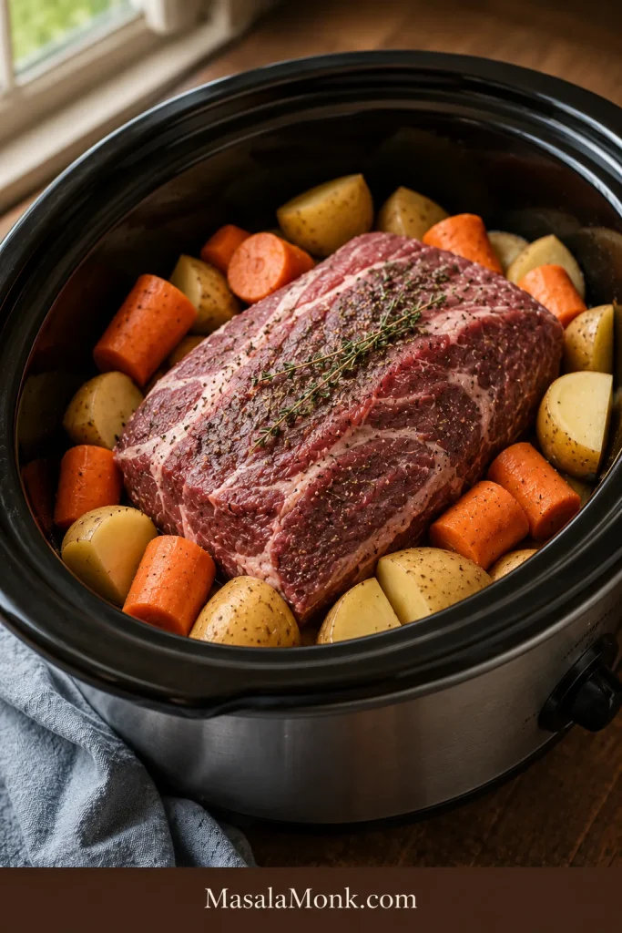 Raw beef shoulder roast in a slow cooker surrounded by large uncooked carrot chunks and halved potatoes.