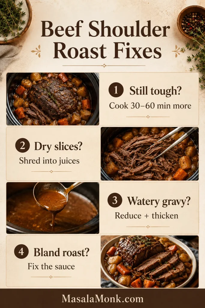 Troubleshooting guide for beef shoulder roast with fixes for tough meat, dry slices, watery gravy, and bland roast.