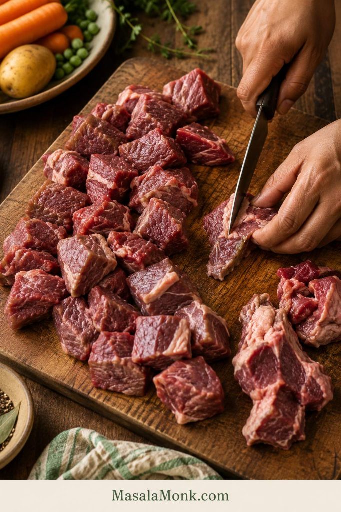 Raw beef stew meat pieces on a wooden cutting board being sorted and trimmed with a knife.