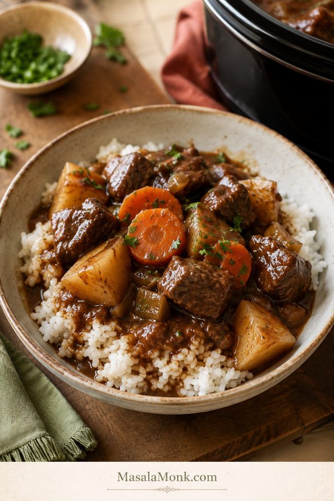Beef stew with beef, potatoes, carrots, and glossy brown gravy served over white rice in a bowl.