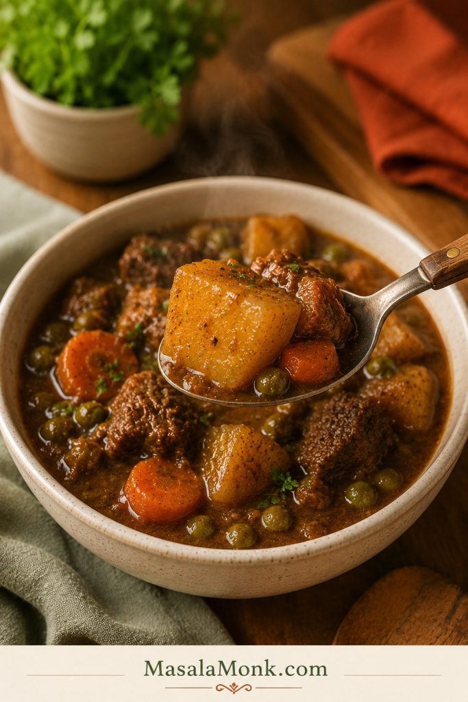 A spoon lifting a cooked potato chunk from beef stew while the potato holds its shape and gravy clings to it.