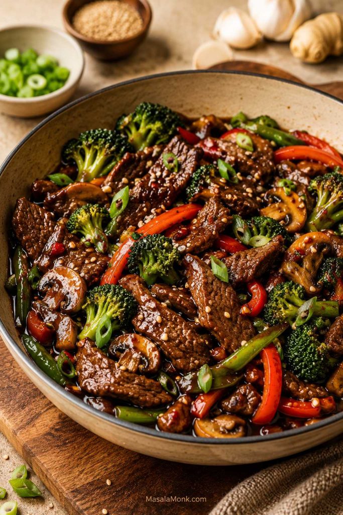 Beef stir-fry with thin beef slices, broccoli, mushrooms, red peppers, green beans, scallions, sesame seeds, and glossy dark brown sauce.