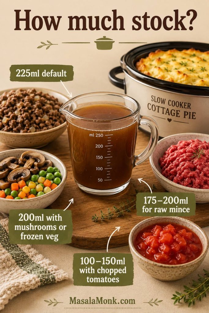 Stock guide showing a measuring jug and different stock amounts for default cottage pie, raw mince, frozen vegetables, mushrooms, and chopped tomatoes.