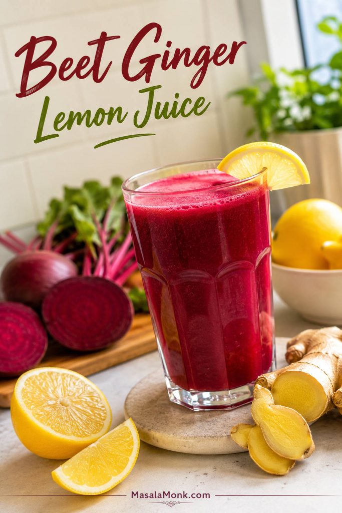 Glass of beet ginger lemon juice with fresh lemon wedges, lemon half, ginger slices, and beetroot nearby.