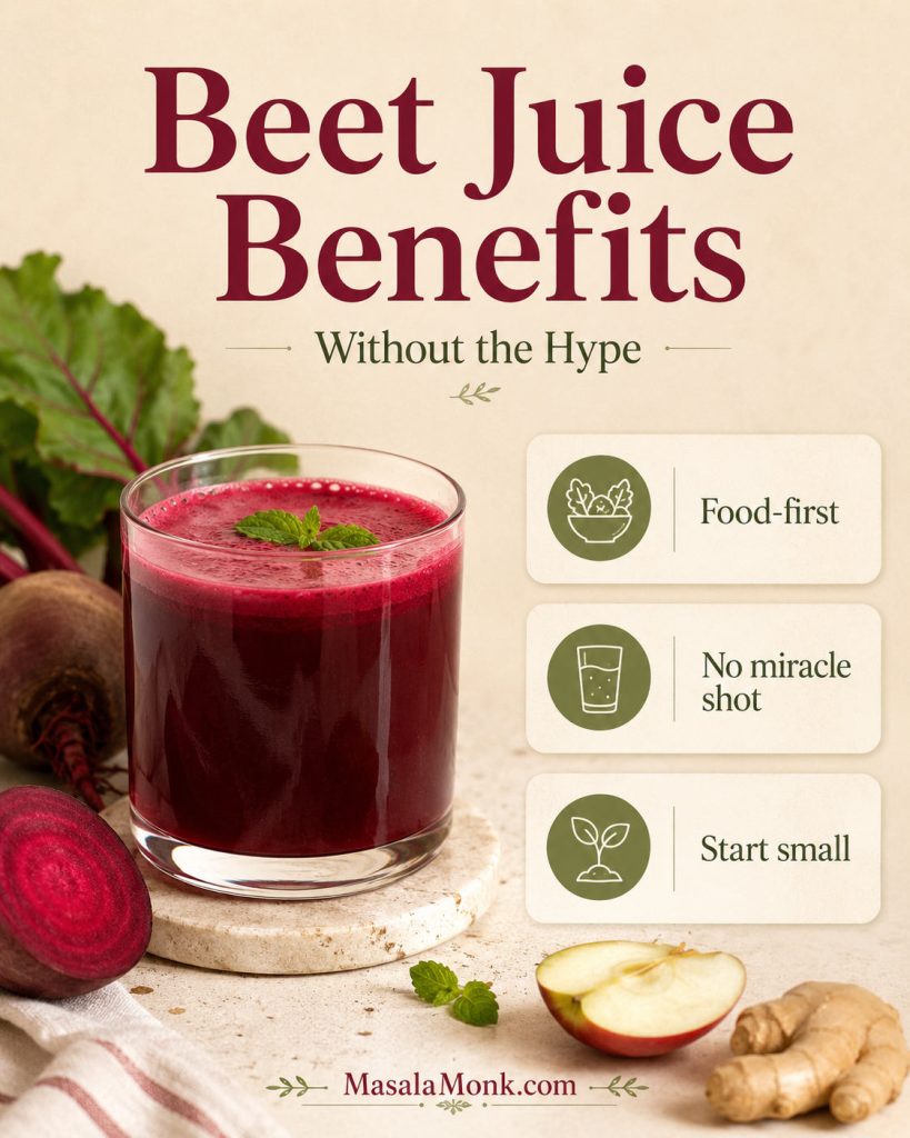 Calm beet juice benefits graphic with a glass of beet juice, beetroot, and cards reading food-first, no miracle shot, and start small.