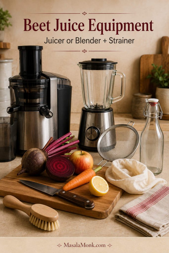 Kitchen counter with beet juice equipment including a juicer, blender, strainer, knife, cutting board, vegetable brush, glass bottle, towel, and fresh produce.