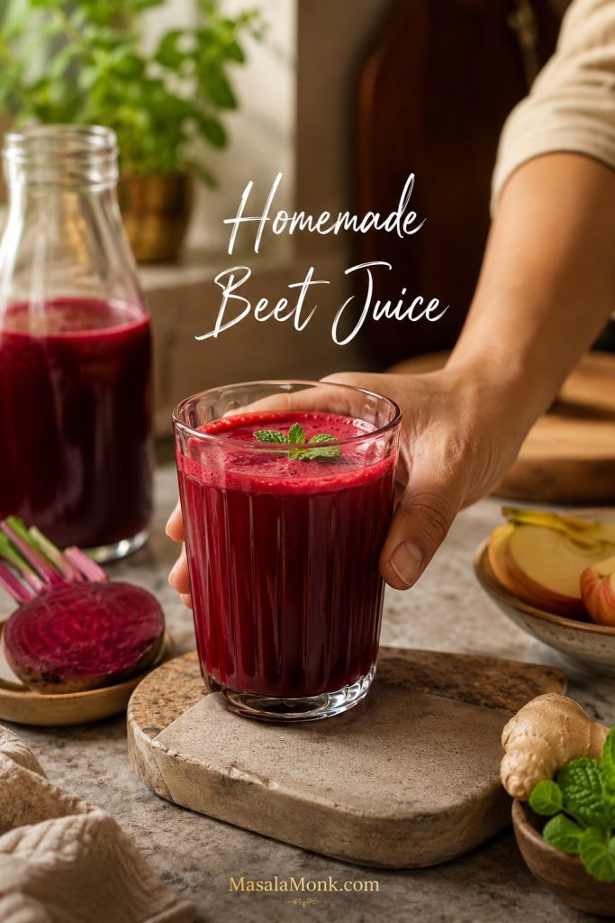 Hand placing a glass of homemade beet juice on a kitchen counter with a bottle of juice, beetroot, apple slices, ginger, and herbs nearby.