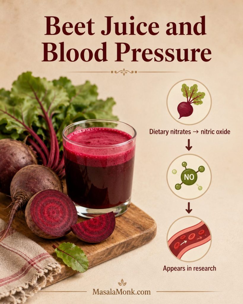 Educational graphic showing beet juice, beetroot, dietary nitrates converting to nitric oxide, and a simple blood-flow research cue.
