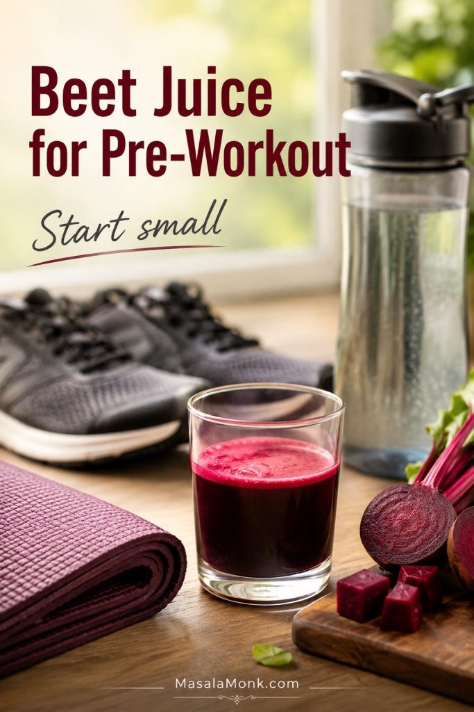Small glass of beet juice near running shoes, a water bottle, a workout mat, and fresh beetroot in natural morning light.