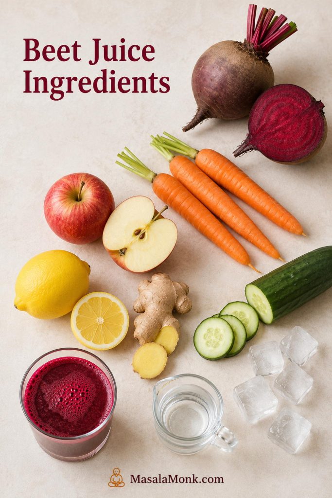 Overhead layout of beet juice ingredients including cut beetroot, carrots, apple, lemon, ginger, cucumber, ice, and water for the blender method.