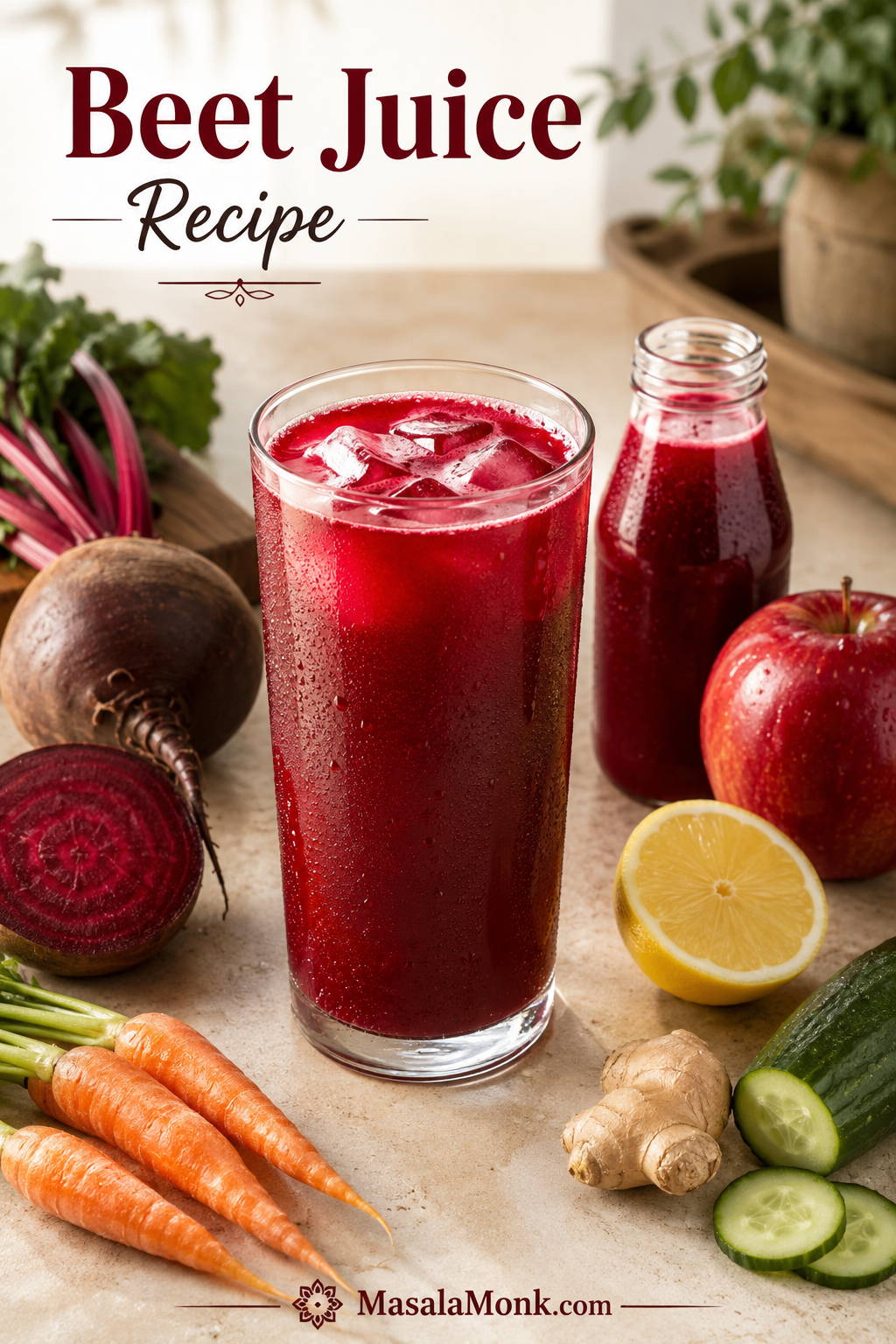 Chilled glass of ruby-red homemade beet juice with ice, a small bottle of juice, and fresh beetroot, carrots, apple, lemon, ginger, and cucumber on a light kitchen surface.