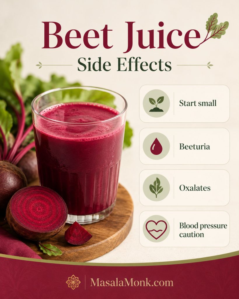 Beet juice side effects graphic with a glass of beet juice and safety cards for start small, beeturia, oxalates, and blood pressure caution.
