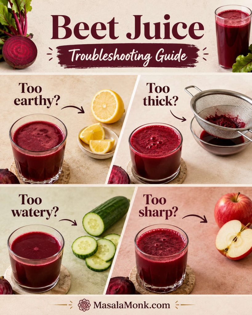 Troubleshooting guide for beet juice with panels for too earthy, too thick, too watery, and too sharp, plus lemon, cucumber, apple, and strainer cues.