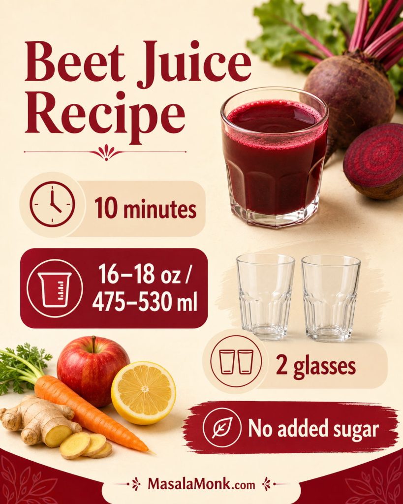 At-a-glance beet juice recipe graphic showing a glass of beet juice, 10 minutes, 16–18 ounces, two glasses, and no added sugar.