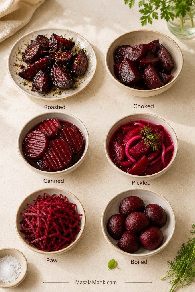Six labeled bowls showing roasted, cooked, canned, pickled, raw, and boiled beets for beet salad.