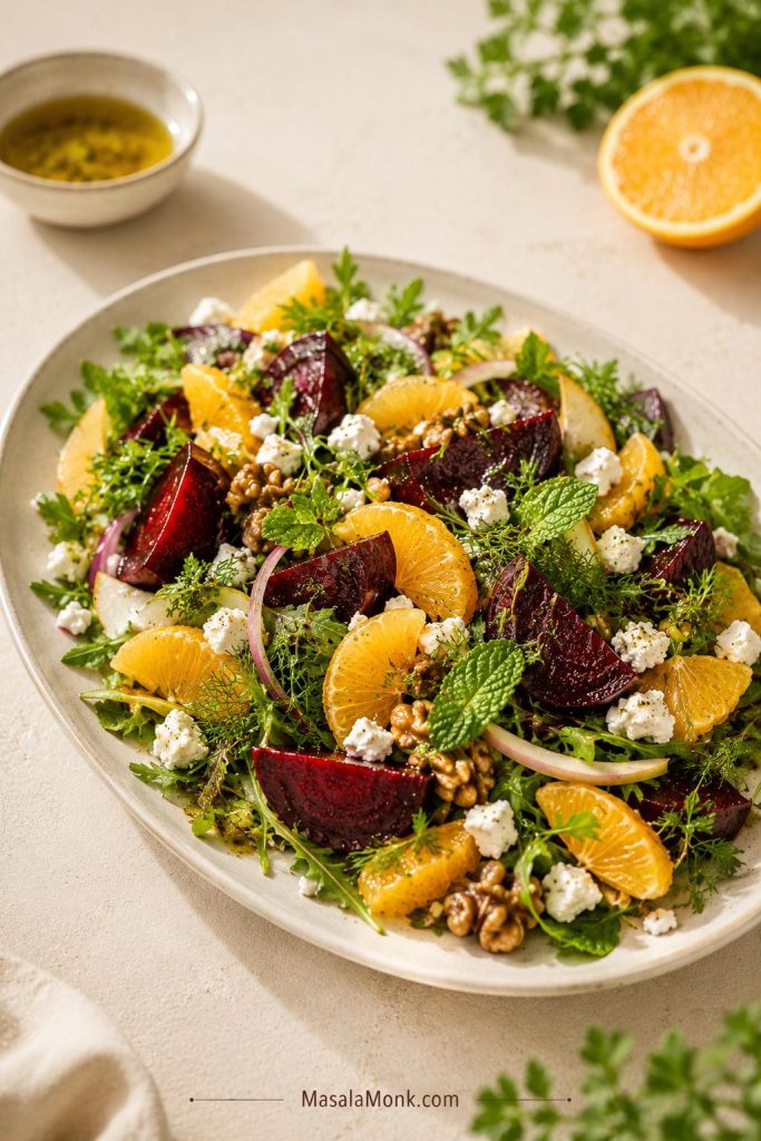 Beet and orange salad with roasted beet wedges, orange segments, greens, feta, and walnuts.