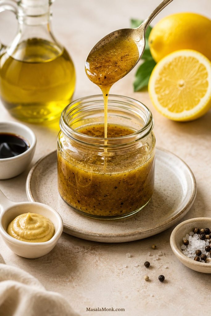 Lemon-balsamic Dijon dressing dripping from a spoon into a glass jar with lemon, mustard, olive oil, vinegar, salt, and pepper nearby.